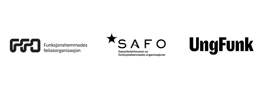 Funksjonshemmedes fellesorganisasjon sin logo, SAFO sin logo og Unge funksjonshemmede sin logo står sammen i et bilde.