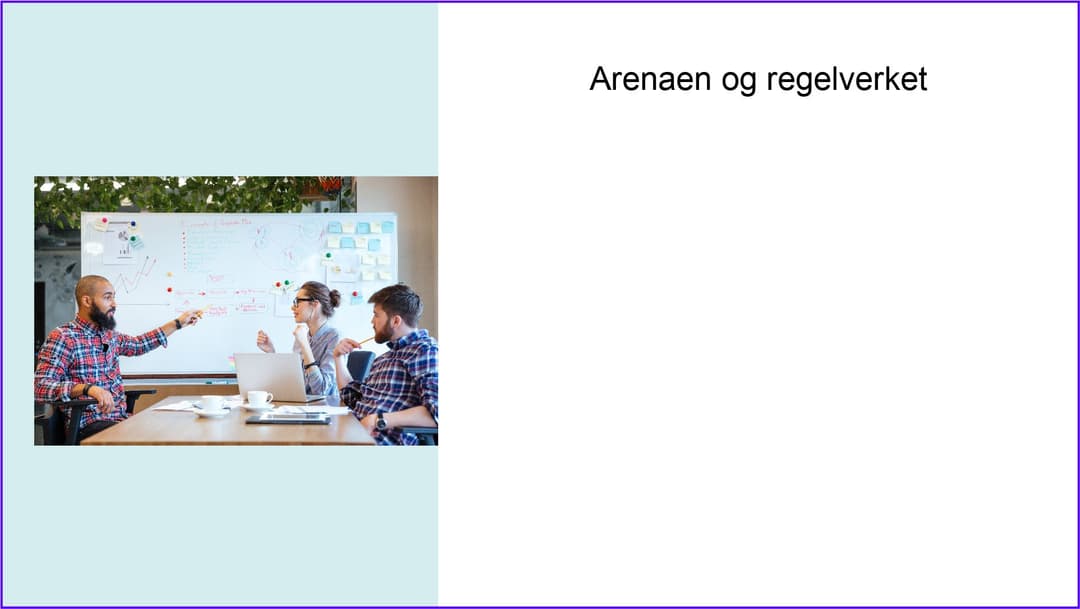 Tekst i bildet som sier: Arenaen og regelverket. Ved siden av er det en blå firkant.