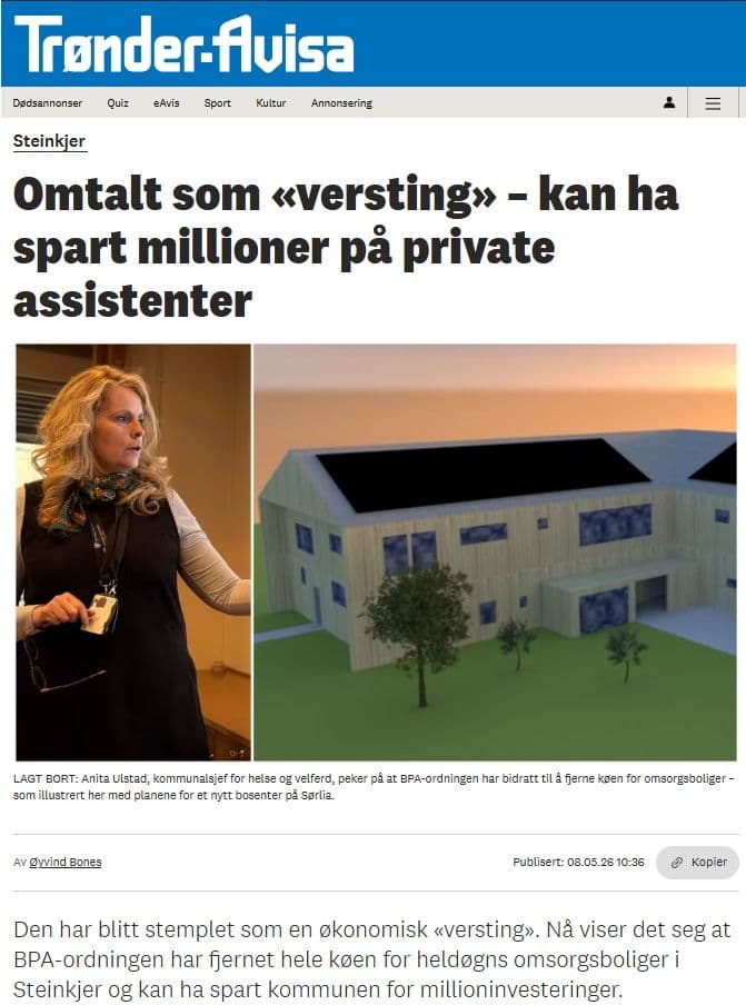 Bilde av en avisartikkel om BPA, det er bilde av en person som jobber i Steinkjer kommune og arkitektur tegning av omsorgsbolig kompleks